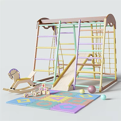 Kids Wooden Play Equipment With Swings Slide Ladders Rocking Horse Building Blocks And Colorful Mat 3d model