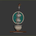 Decorative Mechanical Device With Green Circular Panel Silver Knobs Bowl And Wooden Base