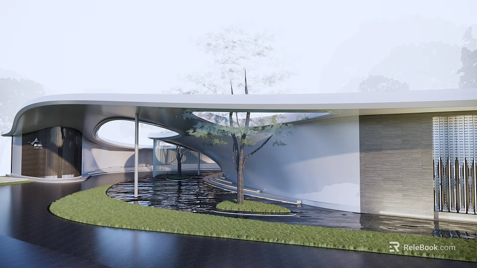 Modern Building Exterior Wall With Curved Design And Wooden Panels Glass Elements Grass And Pool 3d model 