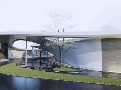 Modern Building Exterior Wall With Curved Design And Wooden Panels Glass Elements Grass And Pool 3d model