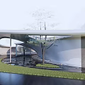 Modern Building Exterior Wall With Curved Design And Wooden Panels Glass Elements Grass And Pool