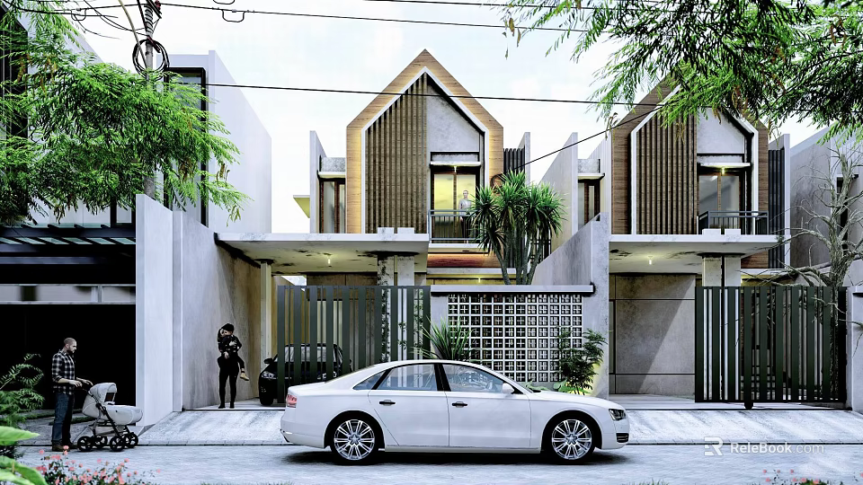 Modern Detached Villa Exterior With Wooden Accents White Car And Green Plants 3d model 