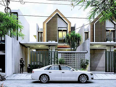 Modern Detached Villa Exterior With Wooden Accents White Car And Green Plants 3d model