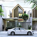 Modern Detached Villa Exterior With Wooden Accents White Car And Green Plants