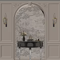 Elegant Modern Entryway Interior with Console Table Patterned Wallpaper and Gold Wall Sconces 3d model