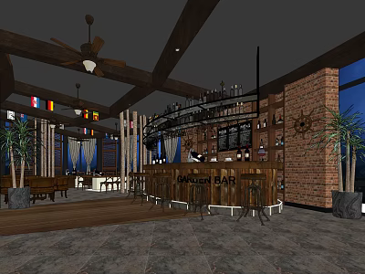 Stylish Bar Interior With Wooden Beams Ceiling Fan Brick Wall Bar Counter And Wine Rack 3d model