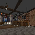 Stylish Bar Interior With Wooden Beams Ceiling Fan Brick Wall Bar Counter And Wine Rack