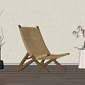 Natural Rattan Leisure Chair With Wooden Frame And Dried Branch Decor In Minimalist Setting