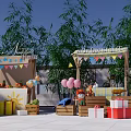 Outdoor Stalls With Colorful Bunting Balloons Fruits Gift Boxes And Wooden Crates