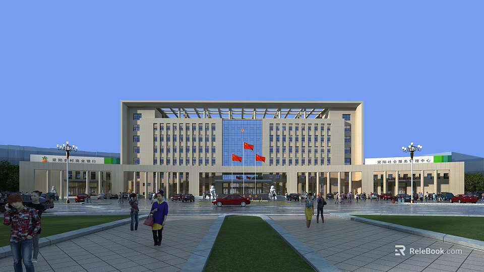 Modern Office Building With Glass Curtain Walls Plaza Front Flags Pedestrians And Street Lamps 3d model 