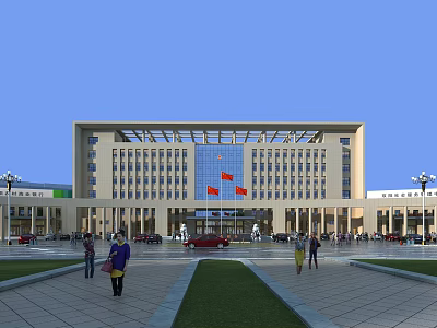 Modern Office Building With Glass Curtain Walls Plaza Front Flags Pedestrians And Street Lamps 3d model