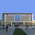 Modern Office Building With Glass Curtain Walls Plaza Front Flags Pedestrians And Street Lamps