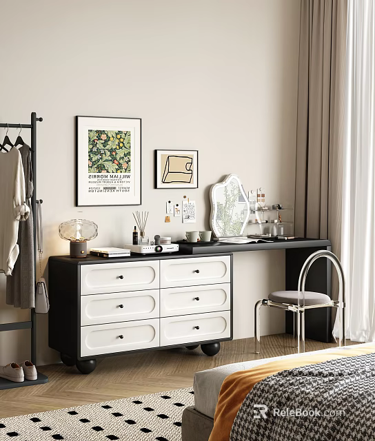 Stylish Dressing Table with Black and White Drawers Mirror Skincare Products and Wall Art Chair 3d model 
