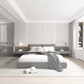 Modern Minimalist Bedroom Interior Design With White Bedding Gray Throw Nightstands And Large Window Blinds