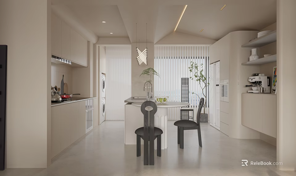 Modern Open Concept Restaurant Interior With Kitchen Counter And Dining Area 3d model