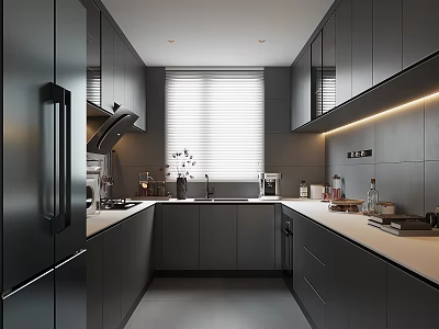 Modern Open Kitchen Interior Design With Cabinets Countertop Appliances And Lighting 3d model