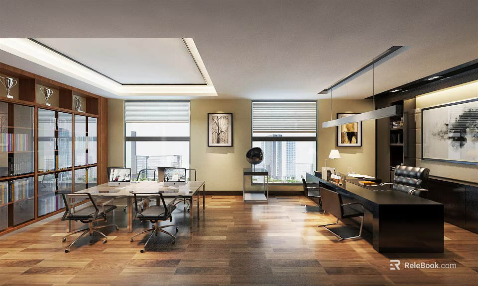 Modern Office Interior Design With Large Windows Blinds Conference Table Office Chairs And Wooden Flooring 3d model 
