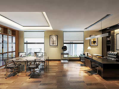Modern Office Interior Design With Large Windows Blinds Conference Table Office Chairs And Wooden Flooring 3d model
