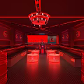 Cyberpunk Style Bar Interior With Red Neon Lights And Long Counter