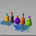 Colorful Plastic Bottles With Liquid Splash And Bubbles On Dark Background