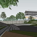 Modern Sales Office Building Featuring Glass Curtain Wall Stairs And Greenery Surroundings