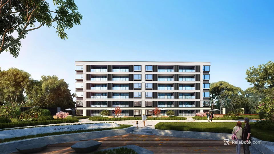 Modern Low Rise Residential Building With Green Lawns Trees And Walkways 3d model 
