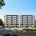 Modern Low Rise Residential Building With Green Lawns Trees And Walkways