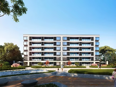 Modern Low Rise Residential Building With Green Lawns Trees And Walkways 3d model