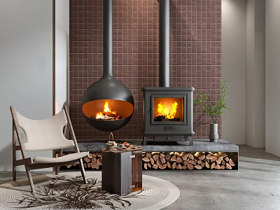 Modern Hanging And Traditional Black Fireplaces With Red Brick Wall Firewood Stack Chair Green Plant 3d model