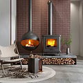 Modern Hanging And Traditional Black Fireplaces With Red Brick Wall Firewood Stack Chair Green Plant