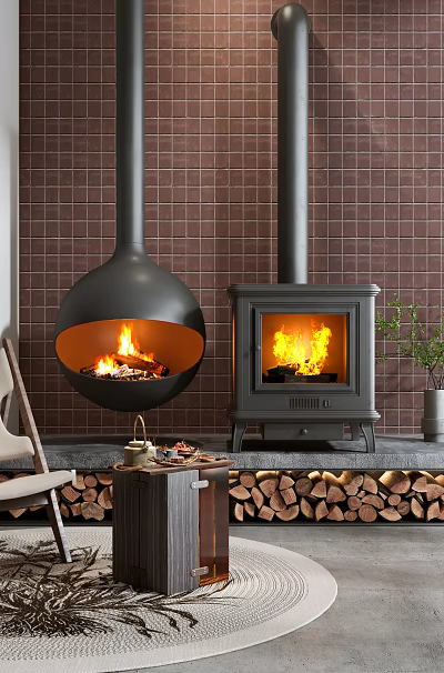 Modern Hanging And Traditional Black Fireplaces With Red Brick Wall Firewood Stack Chair Green Plant 3d model