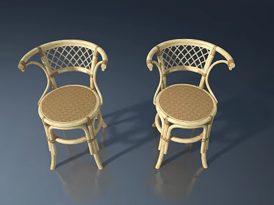 Two Light Wicker Chairs With Woven Back And Round Rattan Seats 3d model