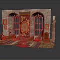 Gothic Style Building Interior With Arched Windows Tapestry Wooden Furniture And Stone Walls
