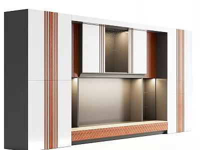 Modern TV Cabinet Design With White Frame Brown Wooden Accents And LED Lighting Shelves 3d model