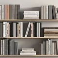 Books and Magazines Collection on Wooden Shelves with Stacked Arrangement