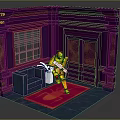 Yellow Armored Character In Purple Room With Sofa Red Carpet And Window