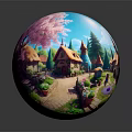 Cartoon Village With Colorful Cottages Pointed Roofs Stone Pathways And Lush Garden Flowers