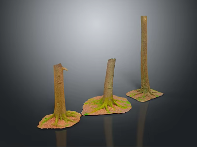 Three Wooden Stumps With Stone Bases And Green Moss Against Gray Background 3d model