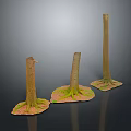 Three Wooden Stumps With Stone Bases And Green Moss Against Gray Background