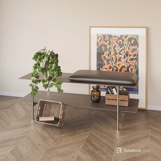Public Chair Modern Interior With Wooden Surface Metal Legs Green Plant Decorative Painting Wicker Basket 3d model 
