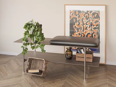 Public Chair Modern Interior With Wooden Surface Metal Legs Green Plant Decorative Painting Wicker Basket 3d model