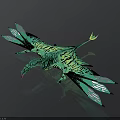 Colorful Green Bird with Black Patterns Spreading Wings in Artistic Design