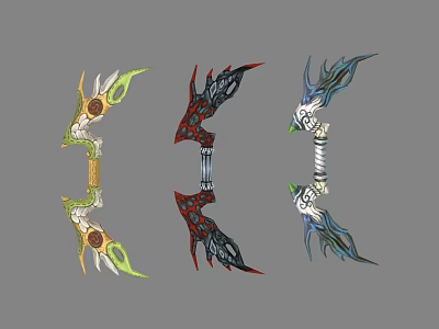 Three Different Colored Decorative Weapons With Wing Like Flame Patterns And Intricate Designs 3d model