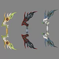 Three Different Colored Decorative Weapons With Wing Like Flame Patterns And Intricate Designs