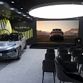 Modern Showroom Interior With Gray Car Yellow Striped Background Black Seats And Lighting