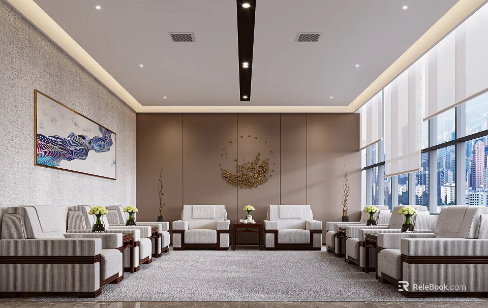 Modern Elegant Hotel Public Lounge Interior With Comfortable Sofas Coffee Tables And Artwork 3d model 