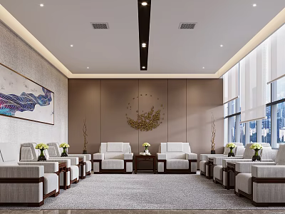 Modern Elegant Hotel Public Lounge Interior With Comfortable Sofas Coffee Tables And Artwork 3d model