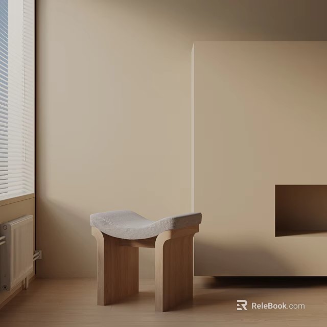 Wooden Side Table With Curved Light Colored Cushion By Window Against Beige Wall 3d model 