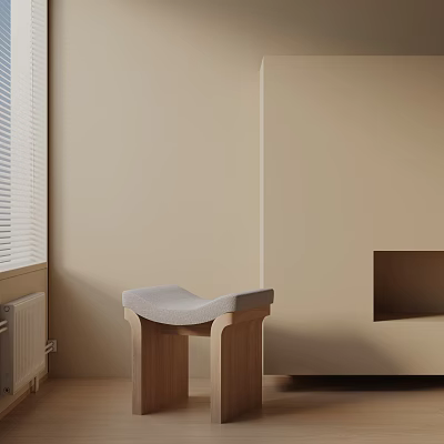 Wooden Side Table With Curved Light Colored Cushion By Window Against Beige Wall 3d model