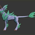 Teal And White Mythical Creature 3D Model With Horn Leaf Like Mane And Tail
